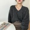 Ретро свободный вязаный свитер с V-образным вырезом для женщин 2024 года - Японский корейский стиль, Осень/Зима