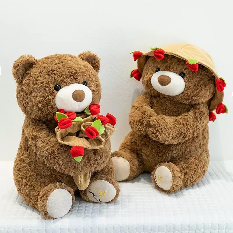 Rose Bear Teddy Bear with Hat, Flower Holding Plush Toy, Valentine's Day Birthday Gift for Girlfriend Women