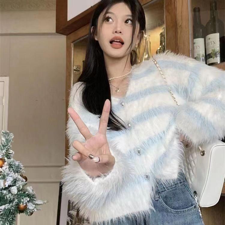 Кардиган, женский свитер, новинка 2023 года, арктический бархатный вязаный кардиган, свитер с v-образным вырезом и длинными рукавами, ленивый свитер, кардиган, женский топ