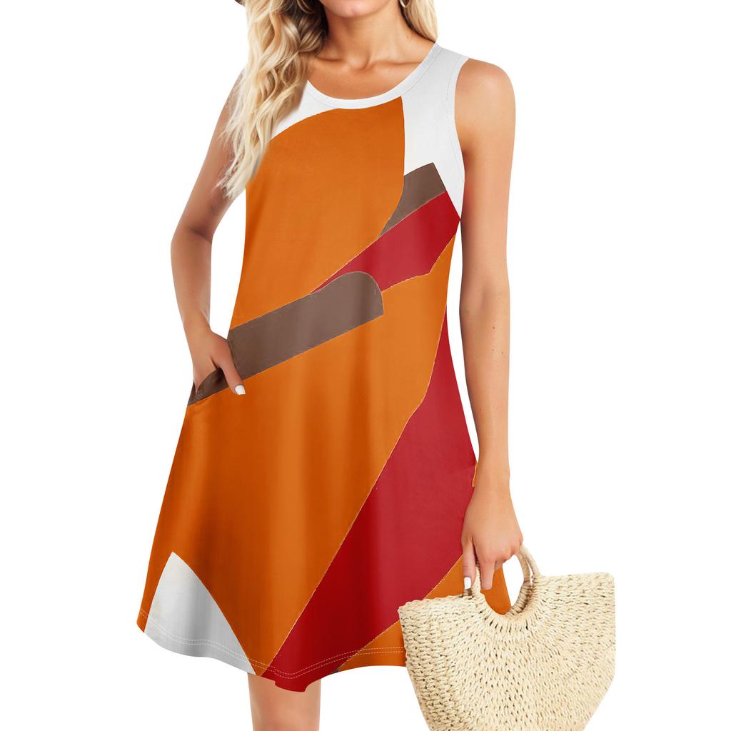 Summer Dresses For Women Beach Boho Sleeveless Vintage Printing Flowy Pocket Tshirt Tank Sundresses