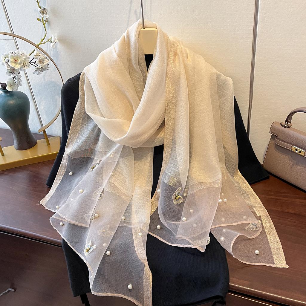 New Versatile Shawl Imitation Silk Thin Silk Scarf for Women Spring and Summer Butterfly Pearl Light Luxury Fashionable Warm Neck Protection Shawl