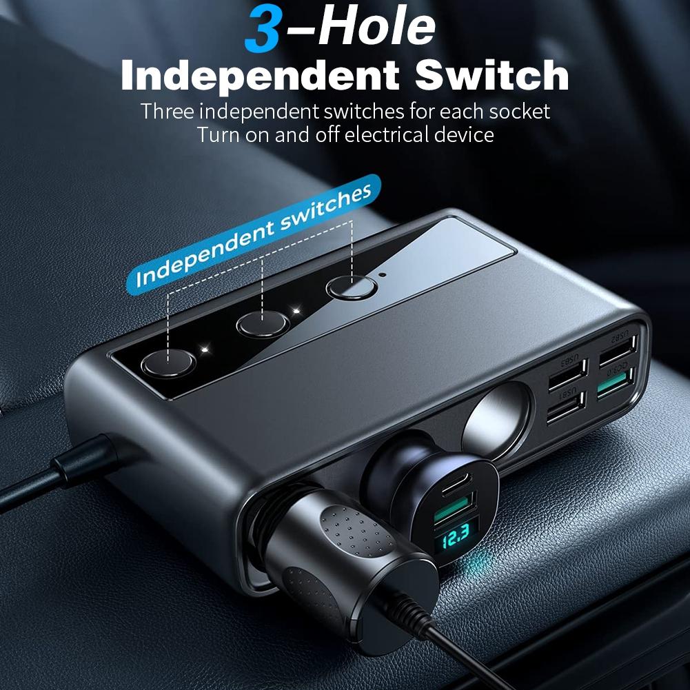 3 розетки, автоматический разветвитель прикуривателя, адаптер автомобильного зарядного устройства 9 в 1 с быстрой зарядкой PD/QC 3,0*2, 154 Вт, 12 В/24 В, независимые переключатели постоянного тока для всех автомобилей