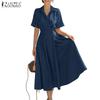 Women Casual Turn Down Collar Loose Summer Short Sleeve Dress