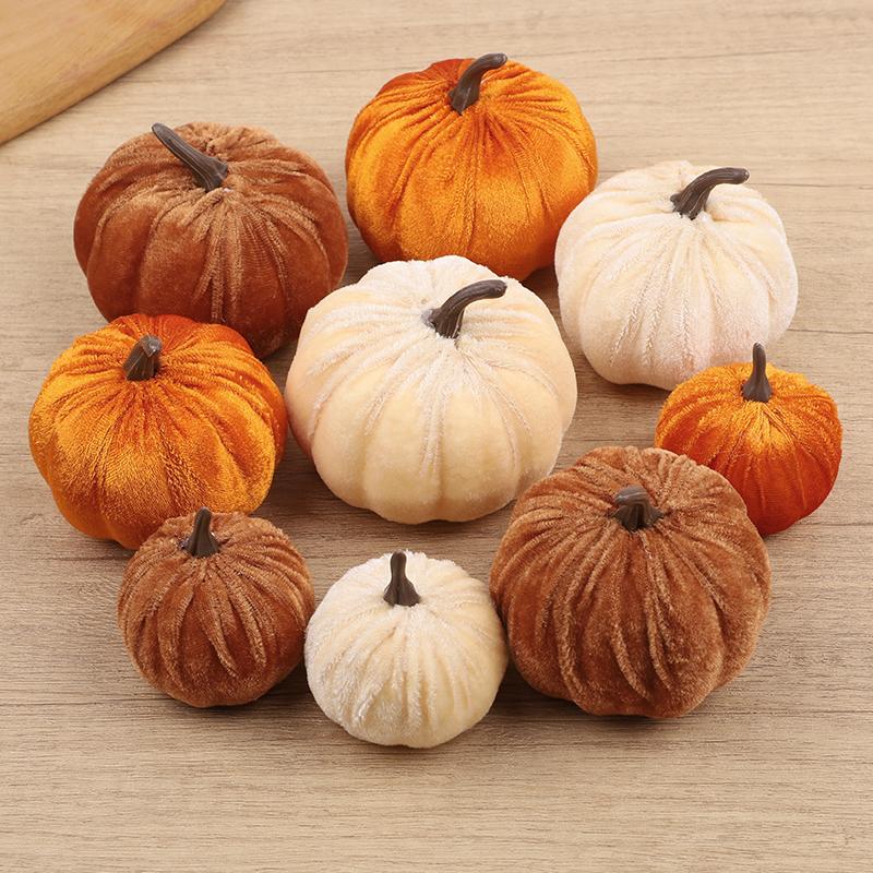 9Pcs Velvet Artificial Pumpkin Ornaments Halloween Party Thanksgiving Dinner Table Decoration Autumn Fall Home DIY Craft Wreath
