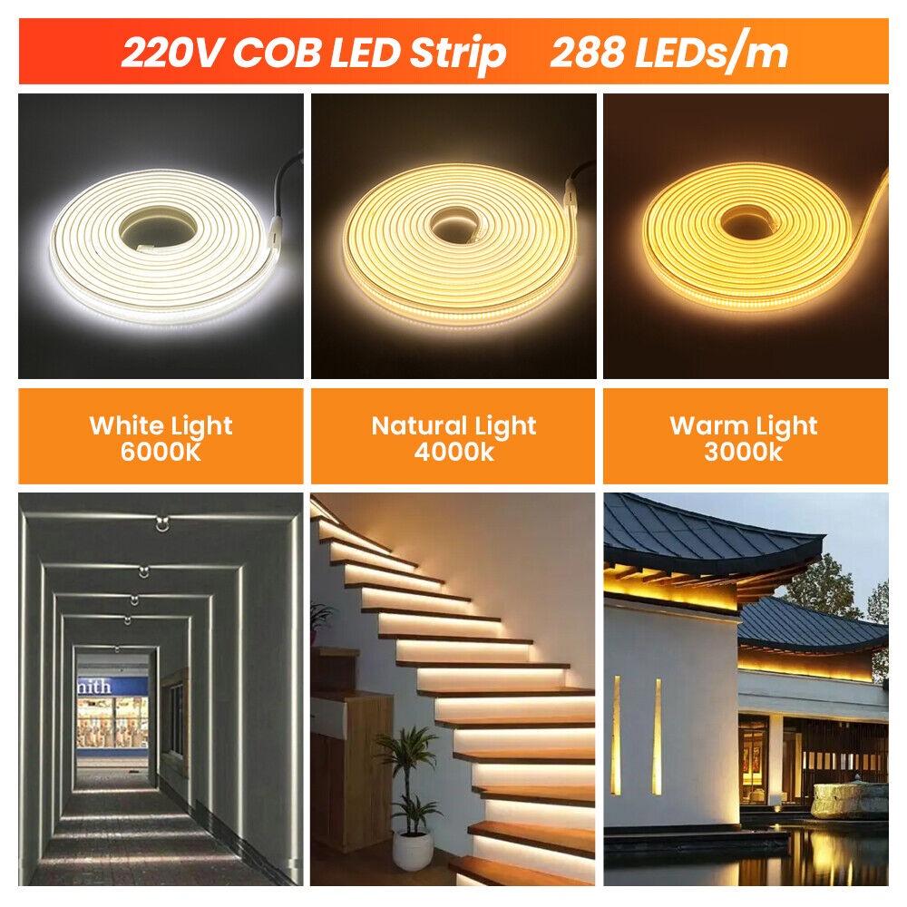 Прозрачная COB светодиодная лента 220v 110v 288 светодиодов 360 светодиодов Гибкая Домашнее украшение Водонепроницаемая