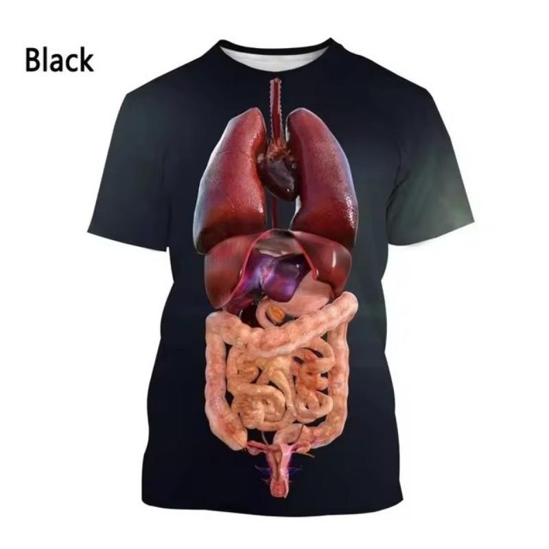 Fashion New Printing Human Organs and Bones Men's T-shirt Casual Short Sleeved Round Neck Harajuku Large Comfortable