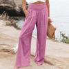 Summer Cotton Linen Wide Leg Pants Women Loose Palazzo Pant Pocket Elastic Waist Button Casual Pants