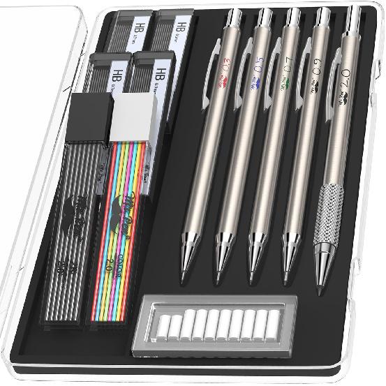 Mr. Pen- Metal Mechanical Pencil Set with Lead and Eraser Refills, 5 Sizes, 0.3, 0.5, 0.7, 0.9, 2mm, Drafting, Sketching, Architecture, Drawing Metal
