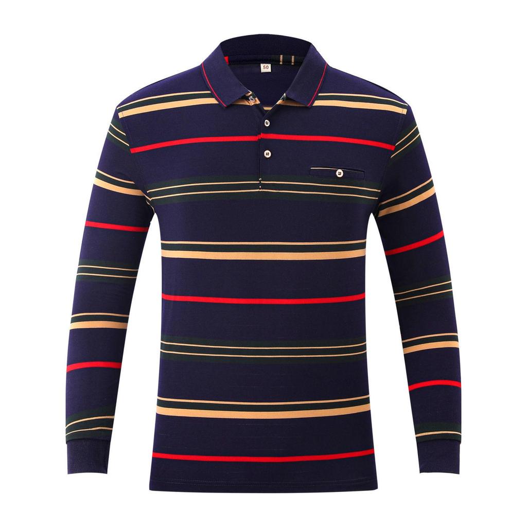 Men's Autumn Striped Long-Sleeve Collared Shirt - Loose Fit for Middle-Aged & Elderly