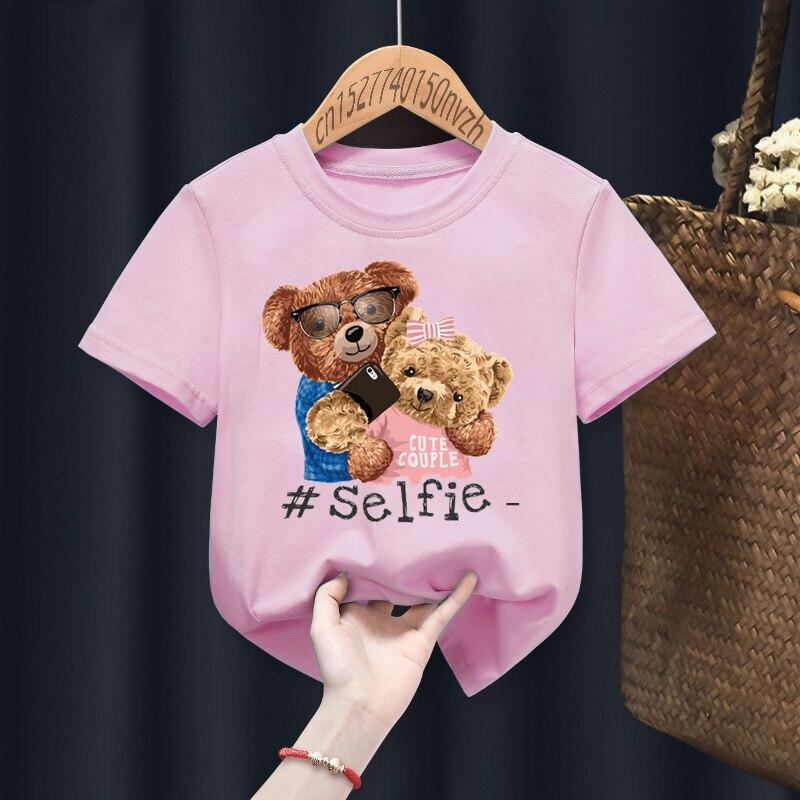 Fashion Funny Bear Printed Kid Short Round Neck T-shirts Children Baby Kawaii Clothes Boy Girl Tops Gift Present Short T-shirts