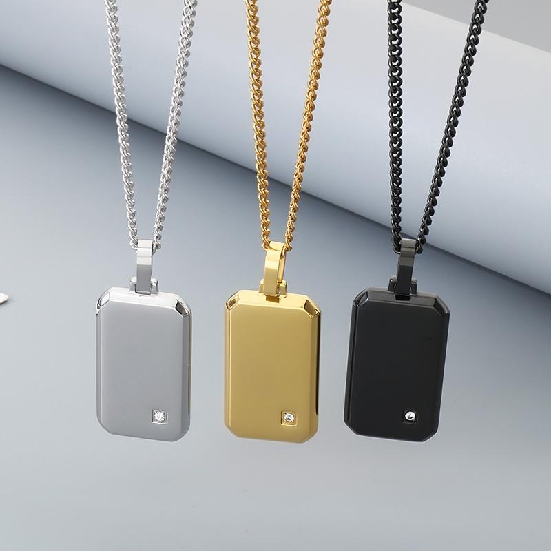 Hip Hop Men's Necklace CN Zircon Dog Tag Pendant Shiny 18K Gold Color Stainless Steel Jewelry Party Gift for Anniversary