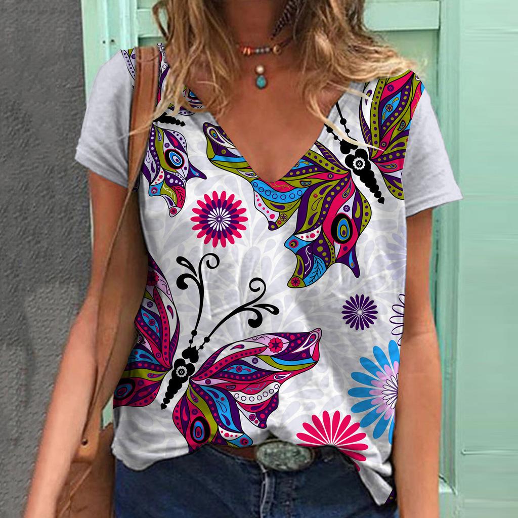 Летняя женская футболка с короткими рукавами и V-образным вырезом в стиле Harajuku с принтом бабочки из полиэстера с 3D-принтом и цифровым принтом