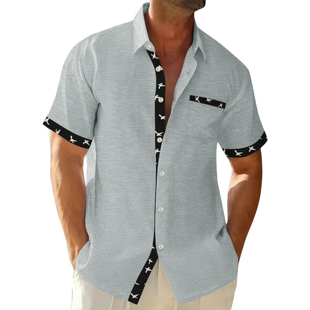 Мужская повседневная деловая рубашка с цветочным принтом и коротким рукавом, мужская рубашка с воротником-лацкан на пуговицах