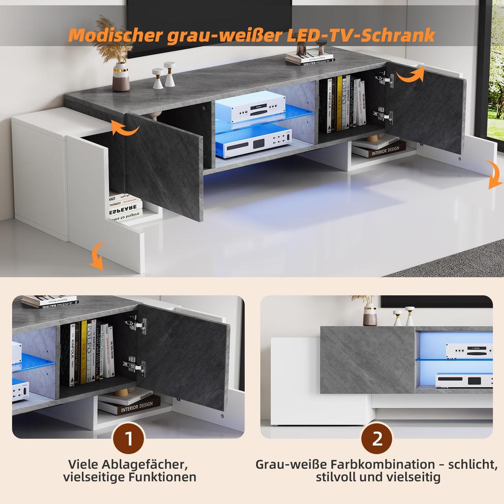 TV Schrank, TV Lowboard Moderner 60/65/70 Zoll Fernseher, TV Ständer 4 Türen, Glasböden, TV Bank Wohnzimmer Schlafzimmer, TV Möbel, Weiß & Grau
