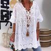 Европейское и американское женское платье-накидка с V-образным вырезом, полым вышитым коротким рукавом (2023)