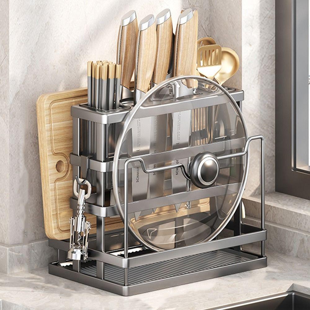 Large Capacity Utensil Drying Rack Carbon Steel Pot Lid Stand Cutting Board Holder for Kitchen