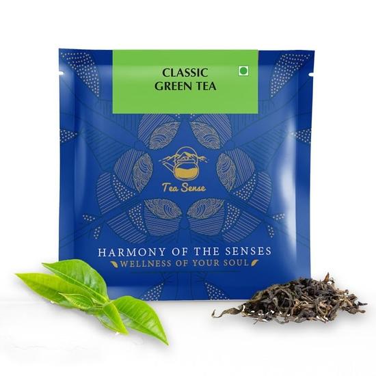 TEA SENSE Классический зеленый чай | 15 шт | Чайные пакетики в форме пирамидки в герметичных пакетиках | Можно заваривать повторно