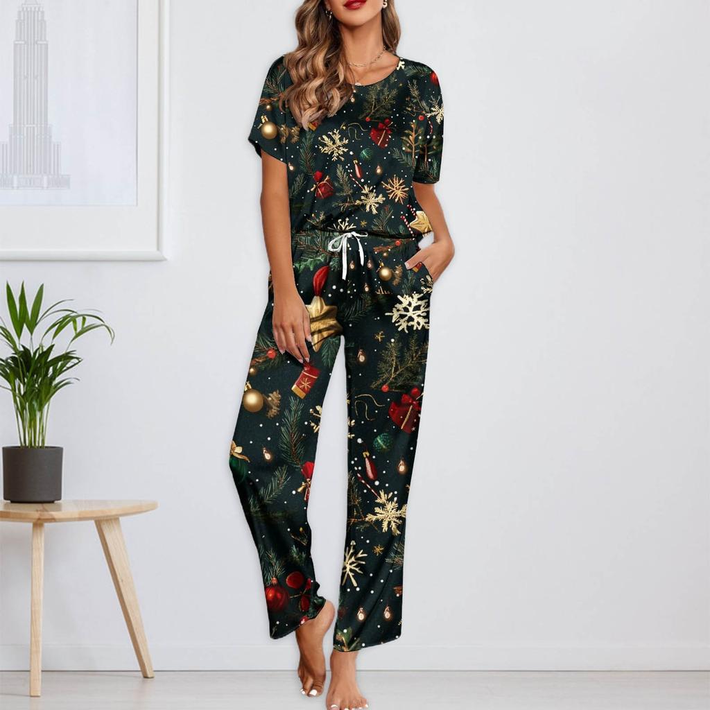 Женский шелковый атласный пижамный комплект с рождественским принтом, рубашка с коротким рукавом и длинные пижамные штаны, мягкая домашняя одежда