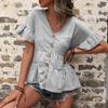 Летняя женская модная однотонная футболка с рюшами и повседневным топом со свободными пуговицами