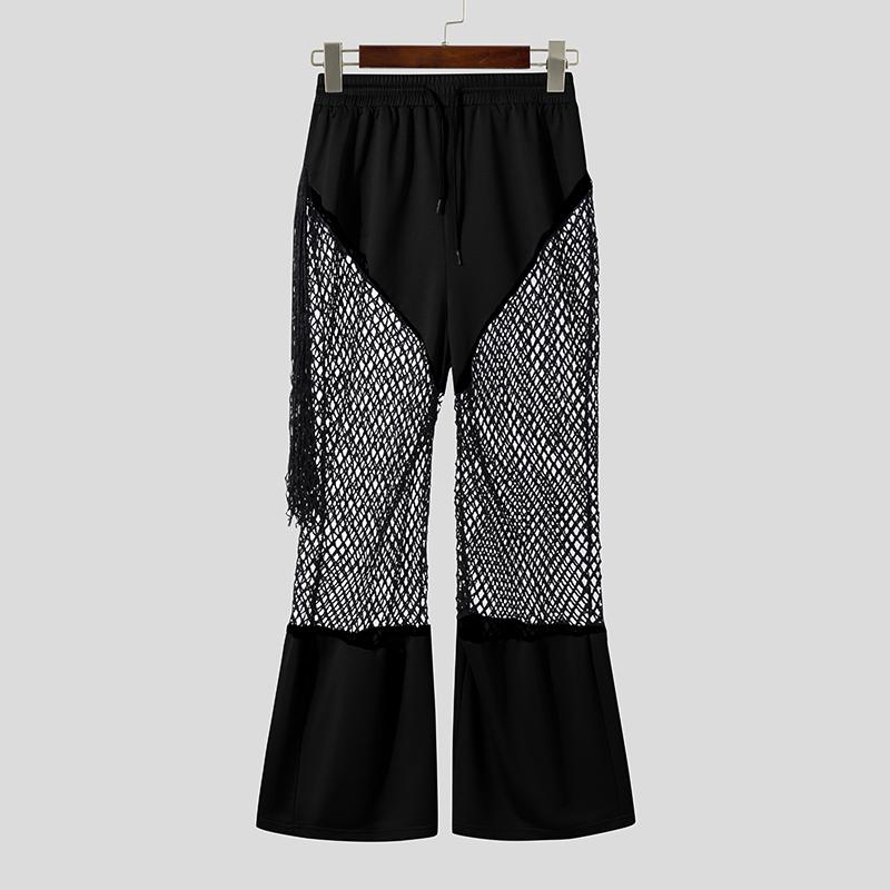 INCERUN Men Mesh Patchwork Pants High Waist Tassel See Through Trousers