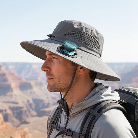 Buckle Hat with Dual Fans Large Battery Solar Charging Full-Face Sun Protection Large Brim Sun Hat Adjustable Drawstring Walking Cooling Hat