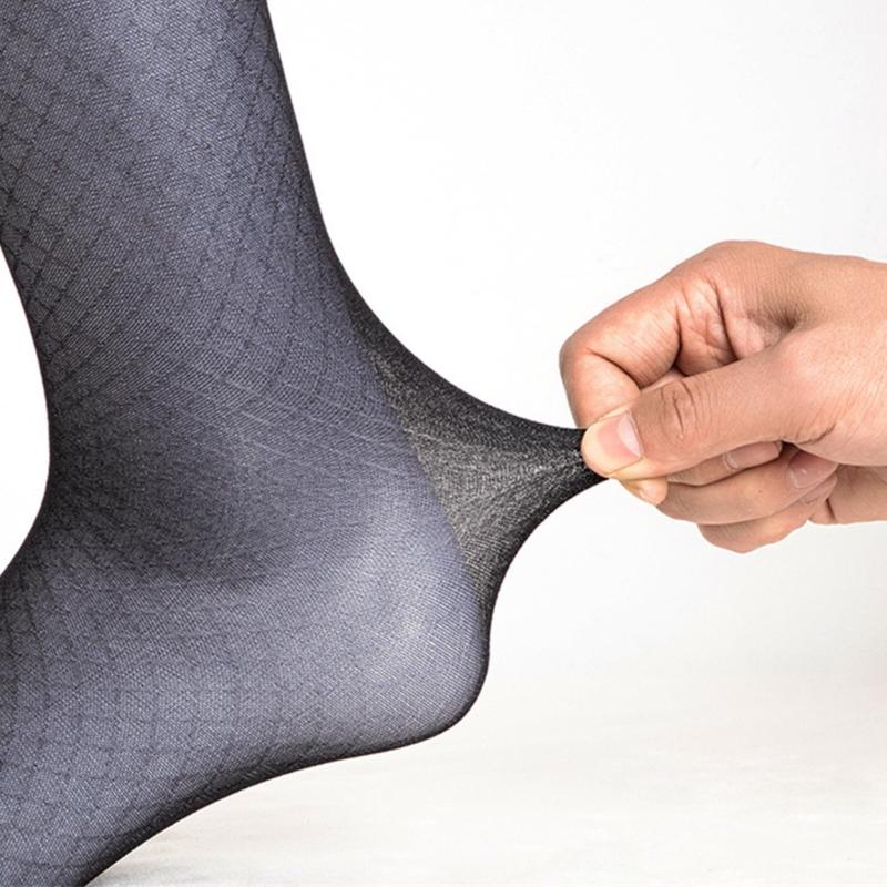 Elegant Mens Sheer Diamond Pattern Dress Socks See Through Nylon Business Formal Wear Thin Long Tube Over the Calf Socks