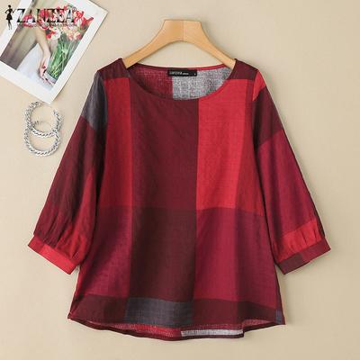 Женская повседневная блузка свободного кроя с круглым вырезом и рукавом 3/4 в клетку