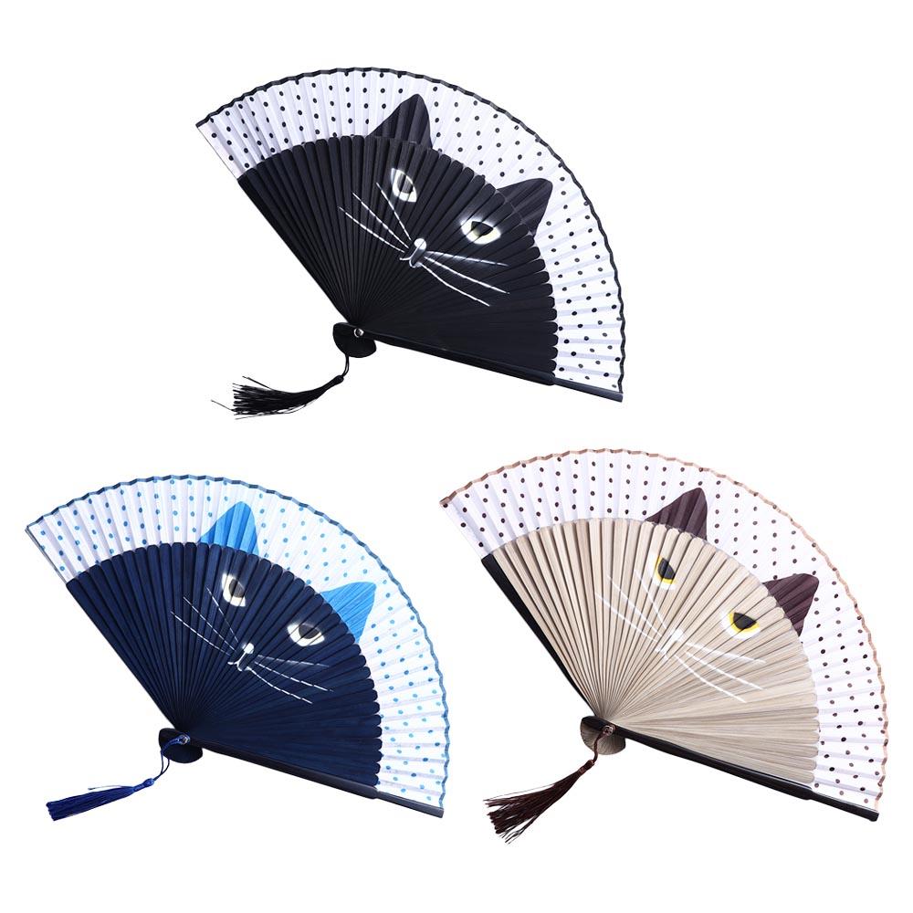Quality Cartoon Bamboo Wooden Cat Patterns Handmade Silk Fan Fan Crafts Home Decoration Folding Fan