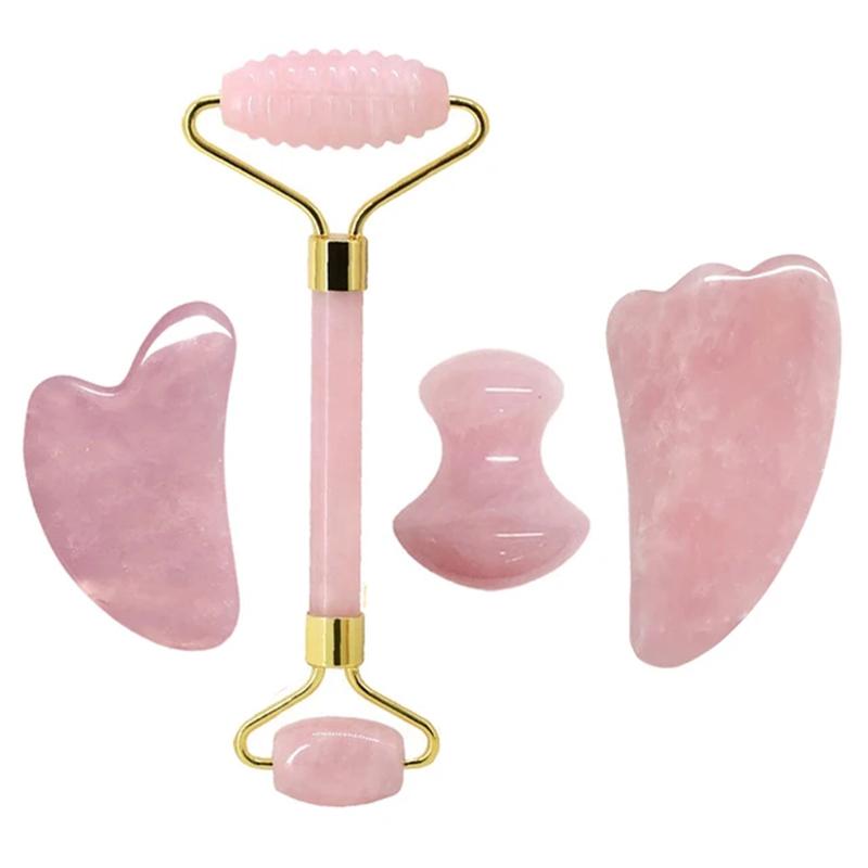 Natural Jade Stone Rose Quartz Jade Roller Gua Sha Facial Massager Set Gouache Scraper Body Wrinkle Remover Beauty Tools