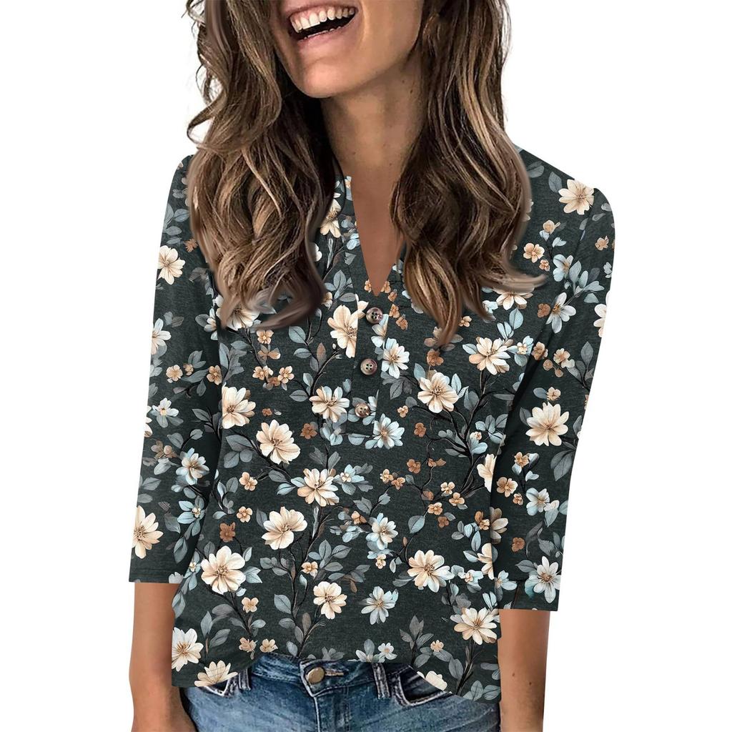 Женский модный повседневный пуловер с рукавом 3/4, принтом на пуговицах и V-образным вырезом