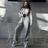 Women's Casual Sports Long Trouser Suits Spring Autumn Solid Zipper Crop Hoodie Loose Drawstring Wide Leg Pants Two-piece Set