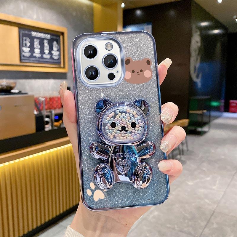 15Pro 14Pro Glitter Bling Bear Phone Holder Case For iPhone 15 14 13 12 11 Xs Pro Max Mini X XR Apple 6 6s 7 8 Plus Stand Cover