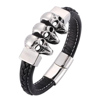 Панк-браслет Череп Скелет Нержавеющая сталь Кожаные браслеты и браслеты Мужские черные плетеные кожаные панк-мужские украшения BB0188
