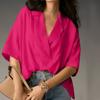 Summer Short Sleeved Lapel Casual Loose Top Solid Color Women's Blouses & Shirts