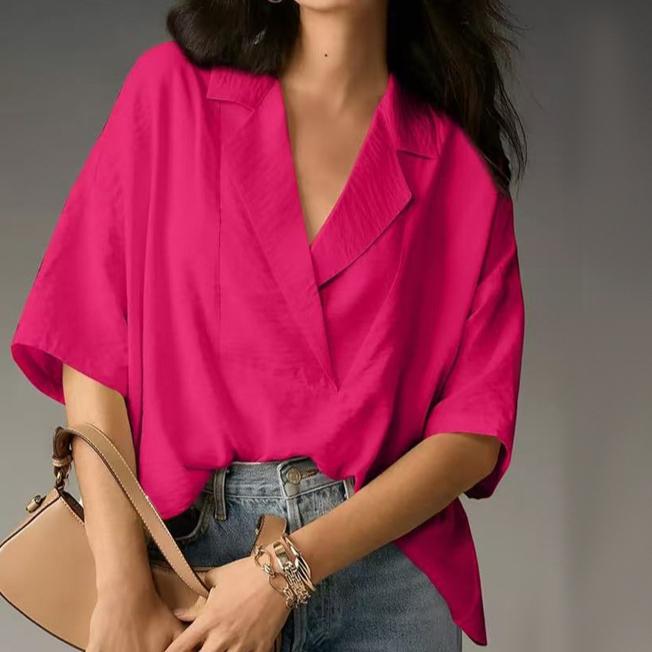 Summer Short Sleeved Lapel Casual Loose Top Solid Color Women's Blouses & Shirts