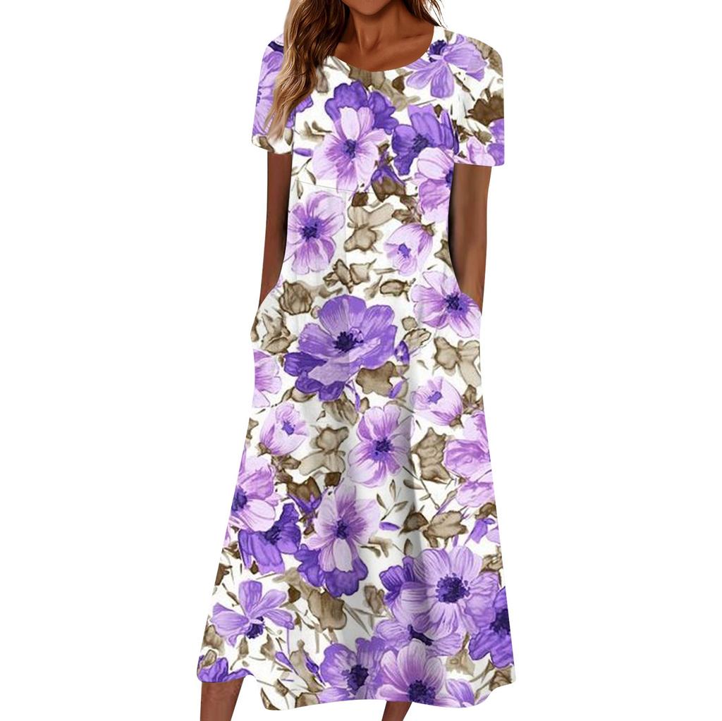 Summer Dress For Women Casual Printed V-Neck Short-Sleeve Beach Swing Dress
