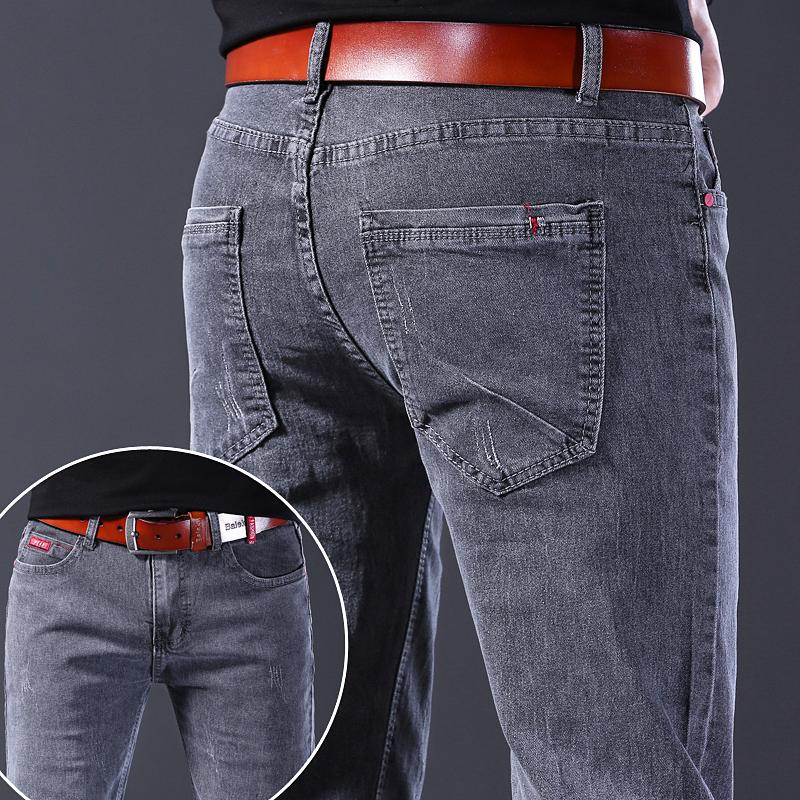 Fashion Jeans Men Straight Grey Middle Waist Pants Denim Trousers