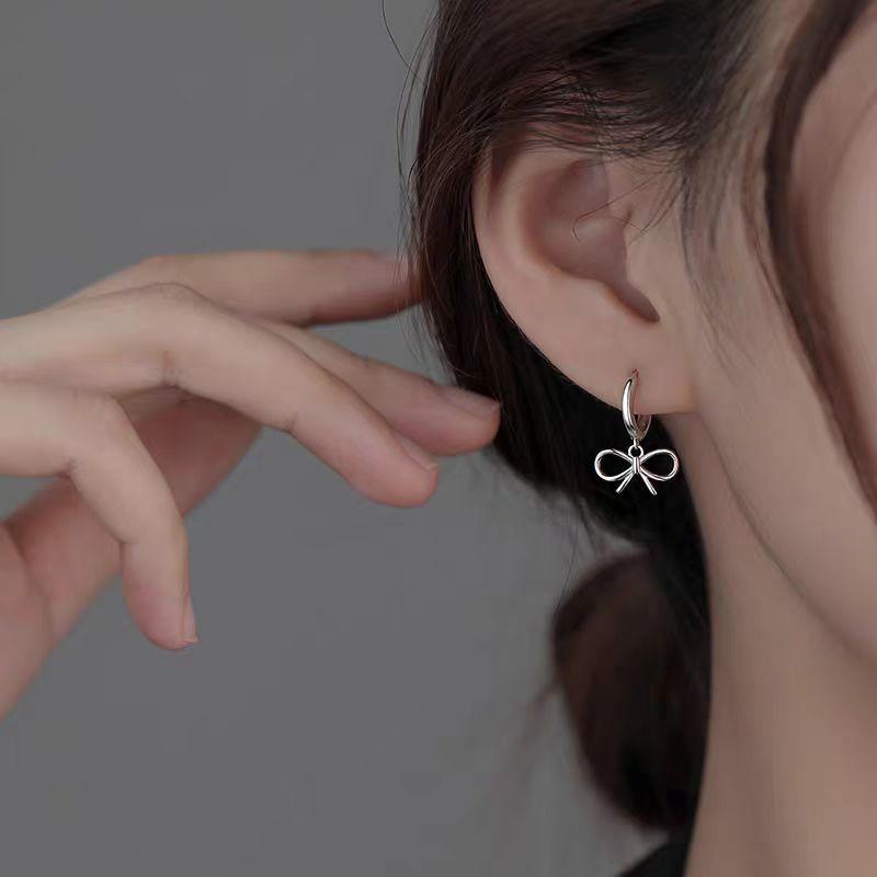 925 Silver Needle Hollow Bowknot Pendant Hoop Earrings For Women Classic Jewelry Minimalist Accessories