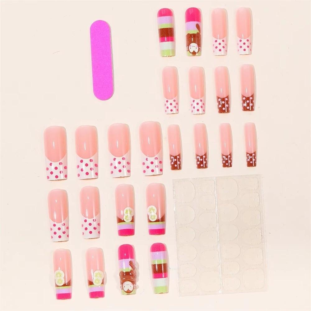 24pcs Y2K Fake Nails Monkey Banana Chips Decor French Nails New Press On Nails Girls