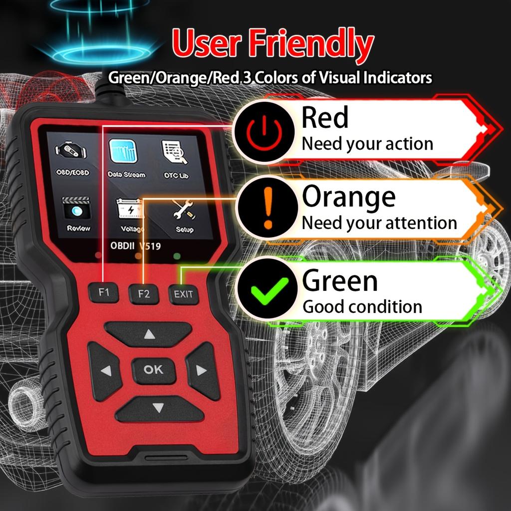 2024 V519 Профессиональный OBD2 сканер - Диагностический инструмент для автомобиля с питанием от USB, потоком данных в реальном времени, полнофункциональным тестированием OBD II (Готов к И/М,