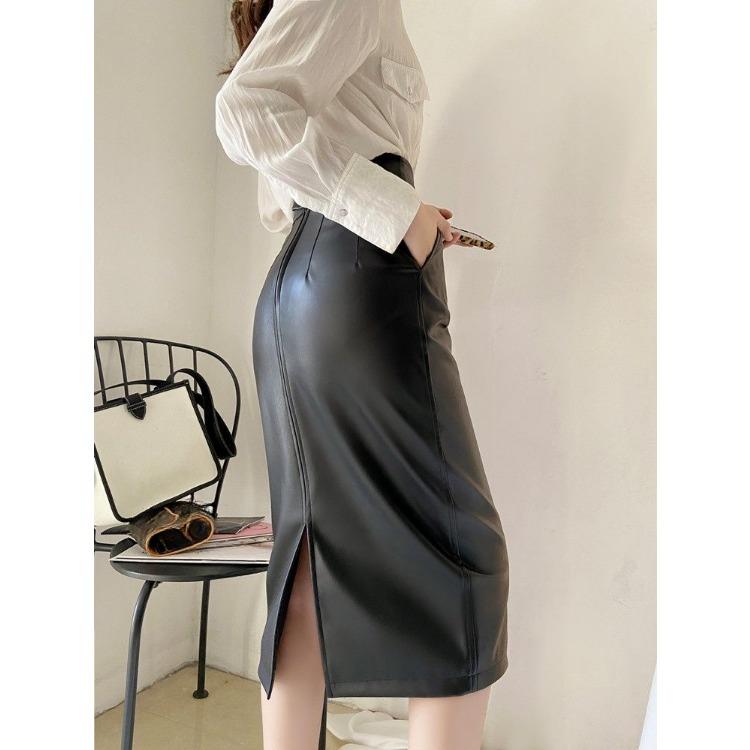 Элегантная юбка из кожи с высокой талией и разрезом на весну для женского сезонного наряда