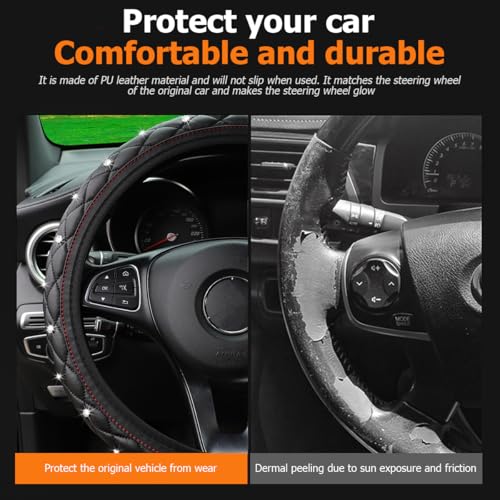 Bling Car Steering Wheel Cover Non-Slip Elastic Stretch Leather Auto Steering Wheel Protector Sparkling Diamond Vehicle Decor Accessories for Women