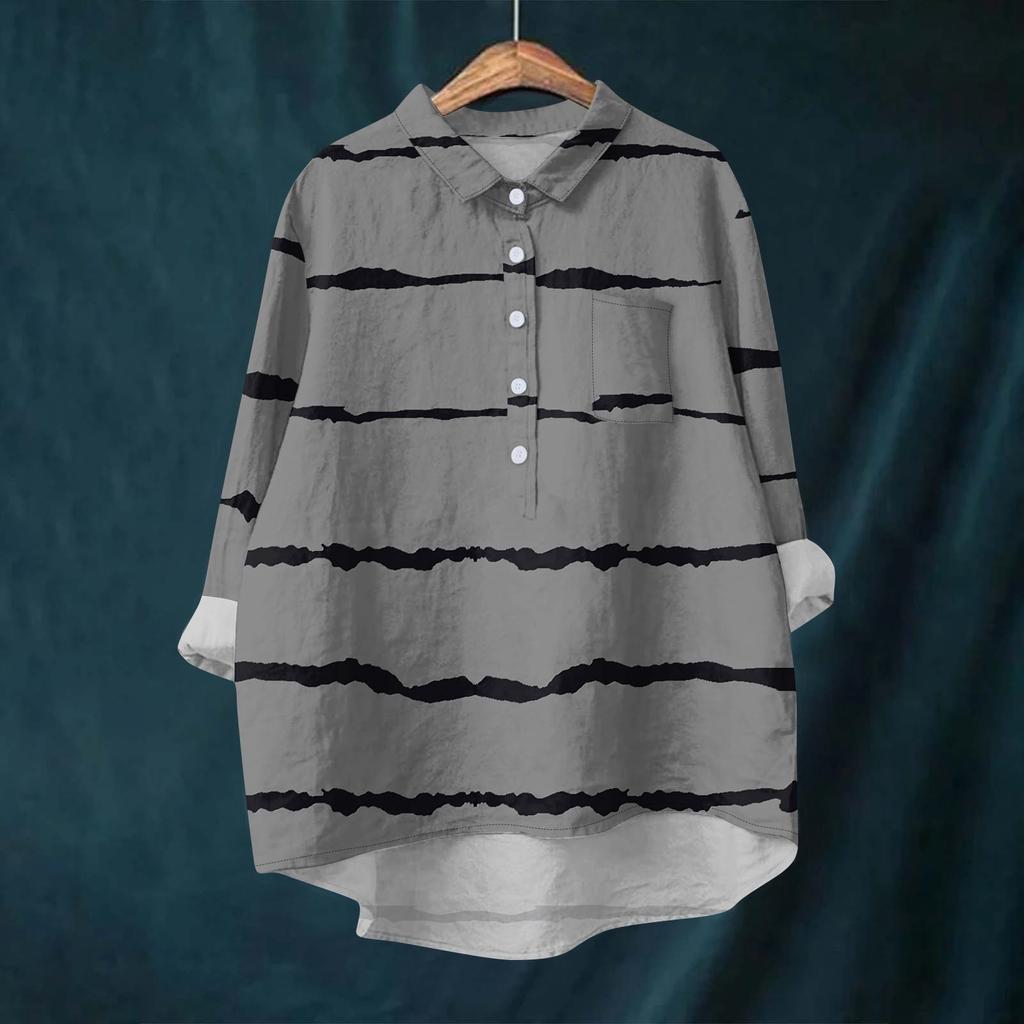Women's Shirt Blouse Long-sleeved With Buttons Print Casual Hem Irregular Shirt Collar Top