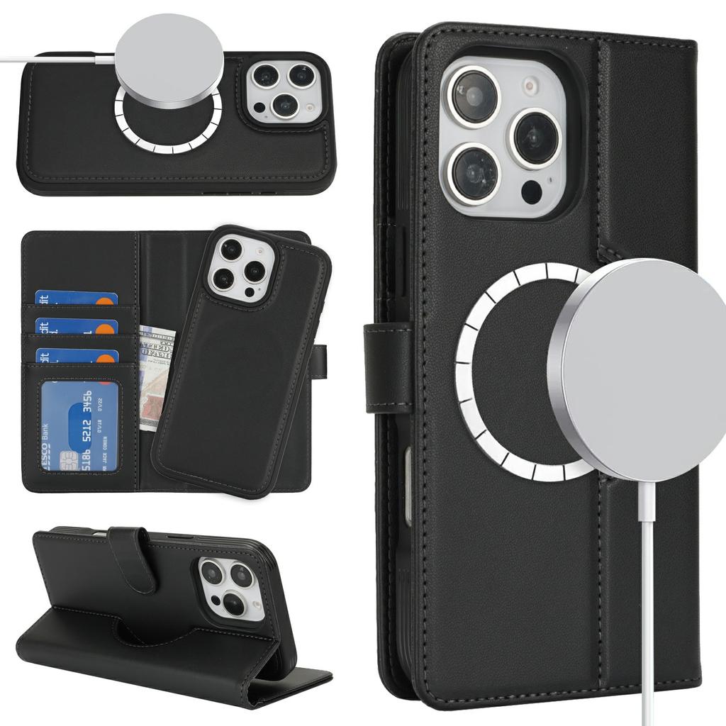 For iPhone 16 Pro Wallet Case Compatible with MagSafe Anti-Drop Detachable PU Leather Phone Cover