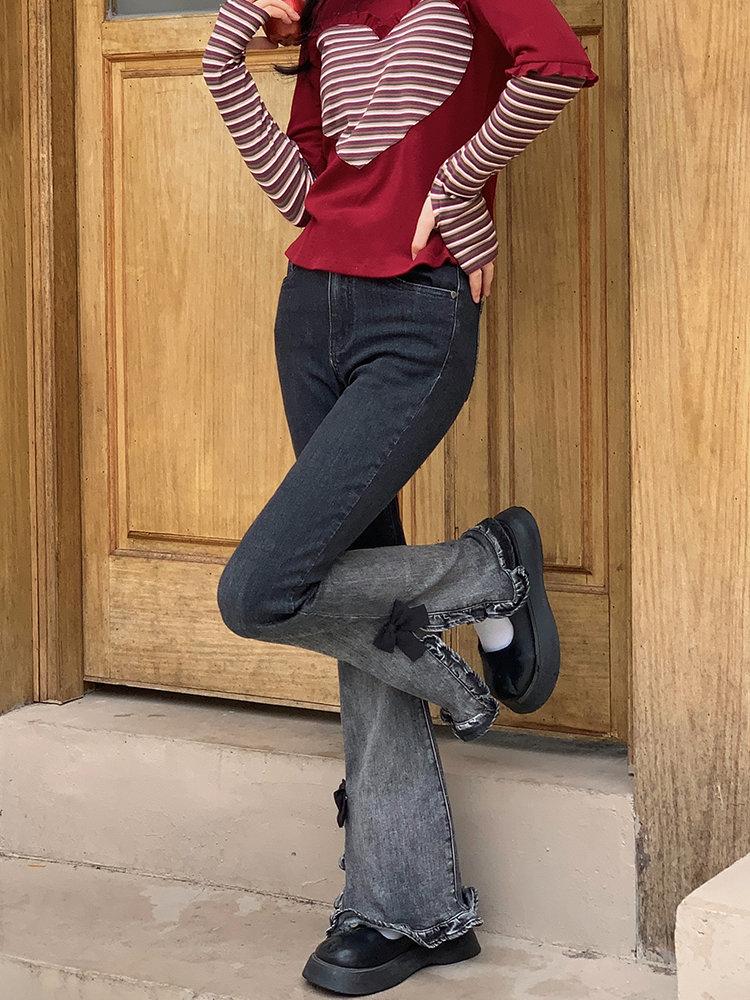 Denim Vintage Contrast Color Flare Pants Women Japanese Sweet Bow Elegant Jeans Female Korean Style Open Fork Casual Jeans 2024