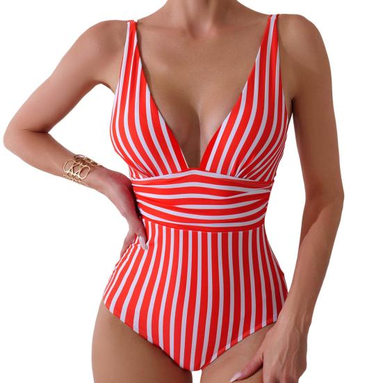Женский монокини с глубоким V-образным вырезом без рукавов, облегающий слитный купальник-бикини с полосатым принтом и высокой талией, утягивающий живот