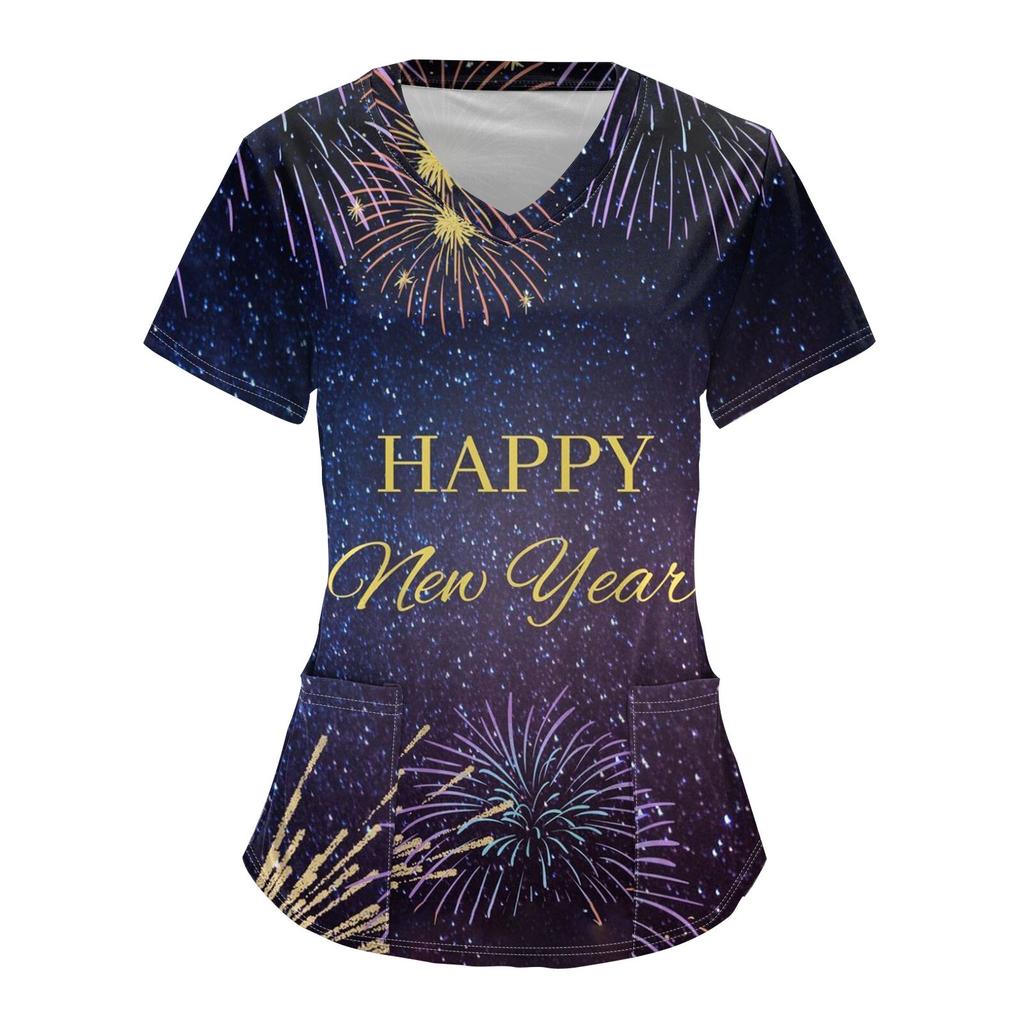 Women's Fashion V-neck Short-sleeved Overalls With Pockets 2025  Christmas Print Top