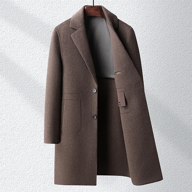 Новое осенне-зимнее утолщенное длинное шерстяное двухстороннее шерстяное пальто с воротником для костюма, мужское молодежное тонкое пальто
