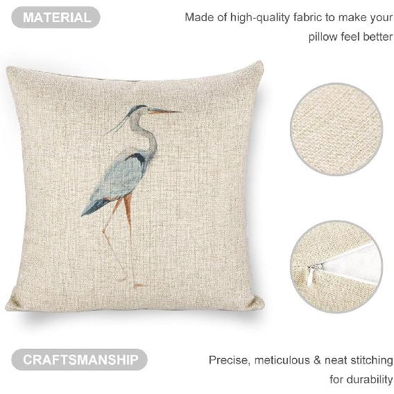 Linen Throw Pillow Covers Blue Egret on Coastal 18x18 Decorative Pillows for Bed Couch Cushion Sofa Outdoor