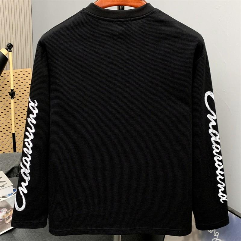 Mens Long Sleeve T Shirt Dark Cross Print Loose Fit Crew Neck Waffle Knit Streetwear